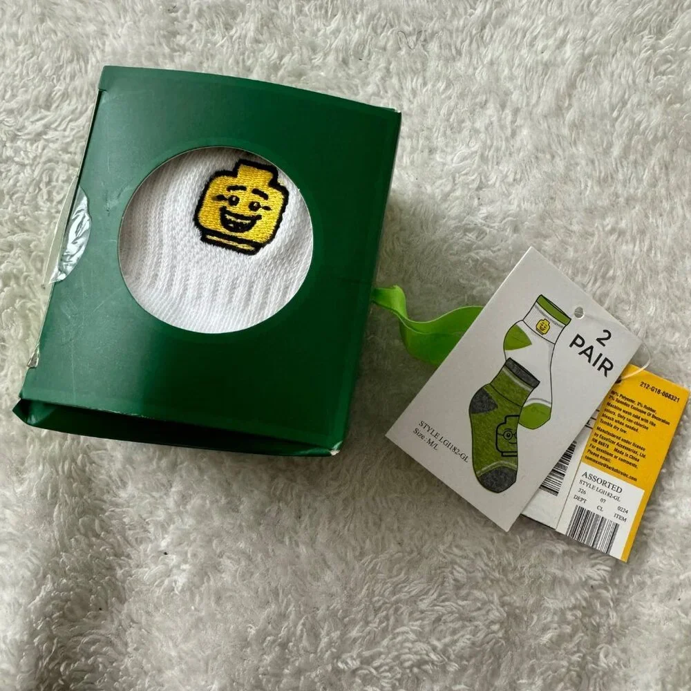 Lego Boys Socks 2 Pair Set M/L Green & White
